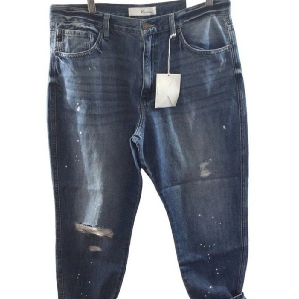 Kancan Mom Jeans High Waist Relaxed Tapered Leg Distressed Paint Splatter 13 30